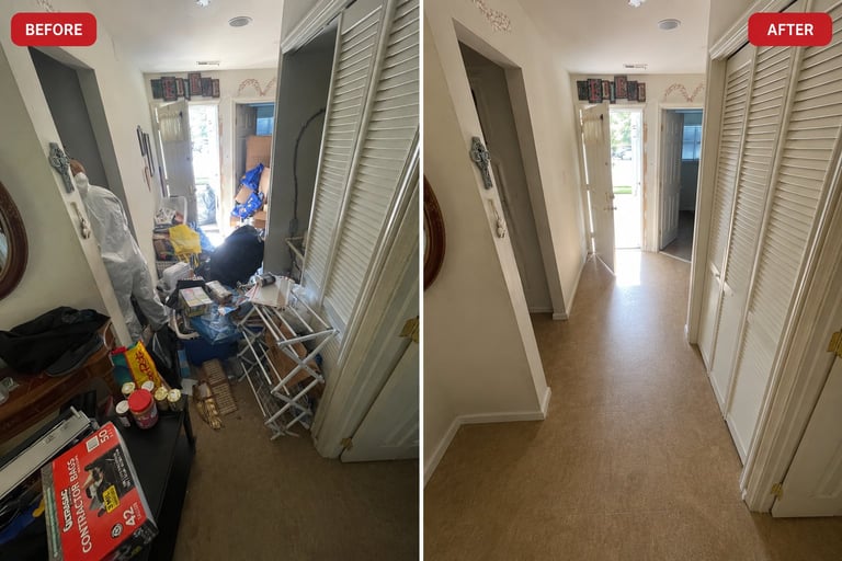 Before and after comparison of a hallway transformation showing cluttered space on left and organized clean space on right