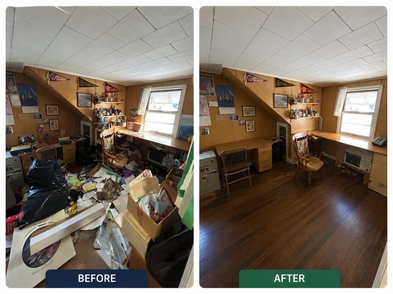 Before and after comparison of a cluttered workspace transformed into a clean, organized bedroom with hardwood floors