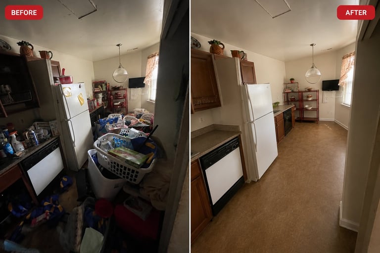 Before and after comparison of a kitchen renovation showing decluttered and organized space transformation