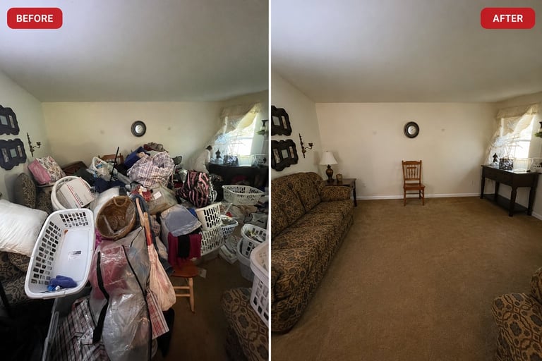 Before and after comparison of a bedroom transformation from cluttered with clothes and items to a clean and organized space