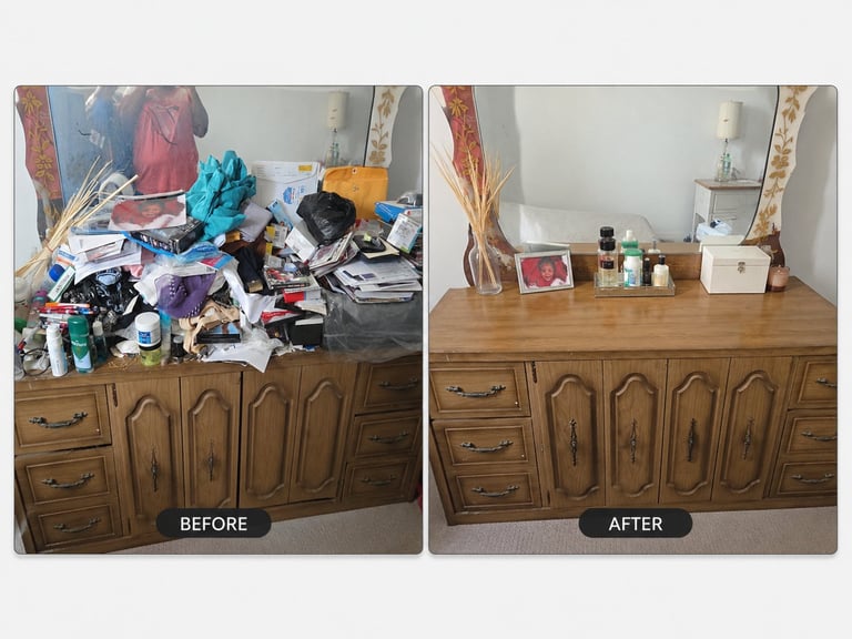 Before and after comparison of a wooden dresser being decluttered and organized, showing messy piled items on left and clean organized surface on right