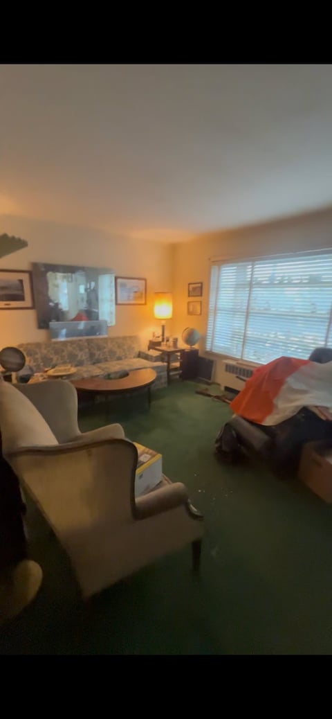 Cozy living room with beige armchairs, round coffee table, wall-mounted TV, warm lighting, and green carpet flooring