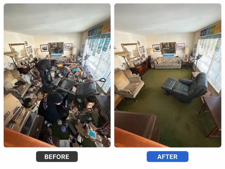 Before and after comparison of a cluttered bedroom being organized and cleaned into a tidy space