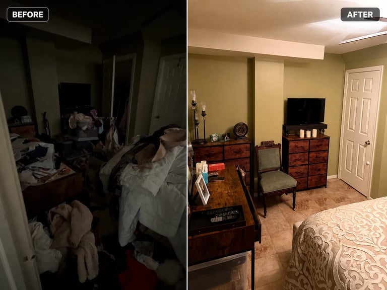 Before and after comparison of a bedroom transformation from cluttered dark space to organized well-lit room with warm decor