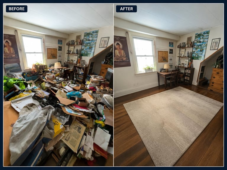 Before and after comparison of a cluttered bedroom transformed into a clean, organized room with wooden floors and area rug