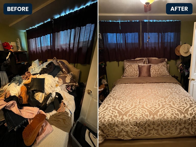 Before and after bedroom transformation showing cluttered unmade bed on left and organized neat bed with decorative pillows on right