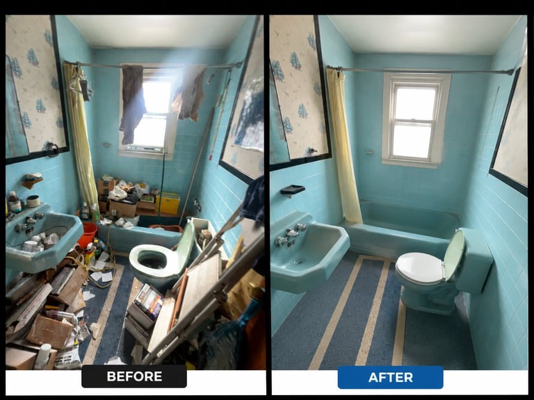 Before and after bathroom renovation showing cluttered, messy space transformed into clean, organized turquoise bathroom with updated fixtures