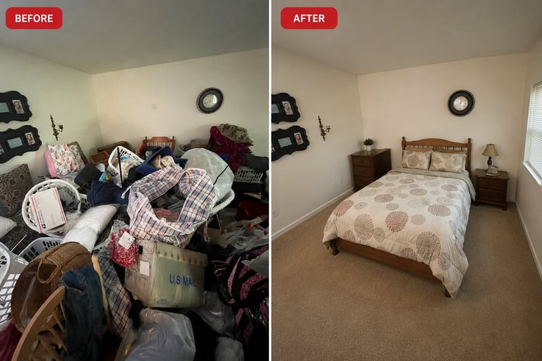 Before and after bedroom organization: cluttered room with piles of clothes transformed into a clean, organized bedroom with made bed