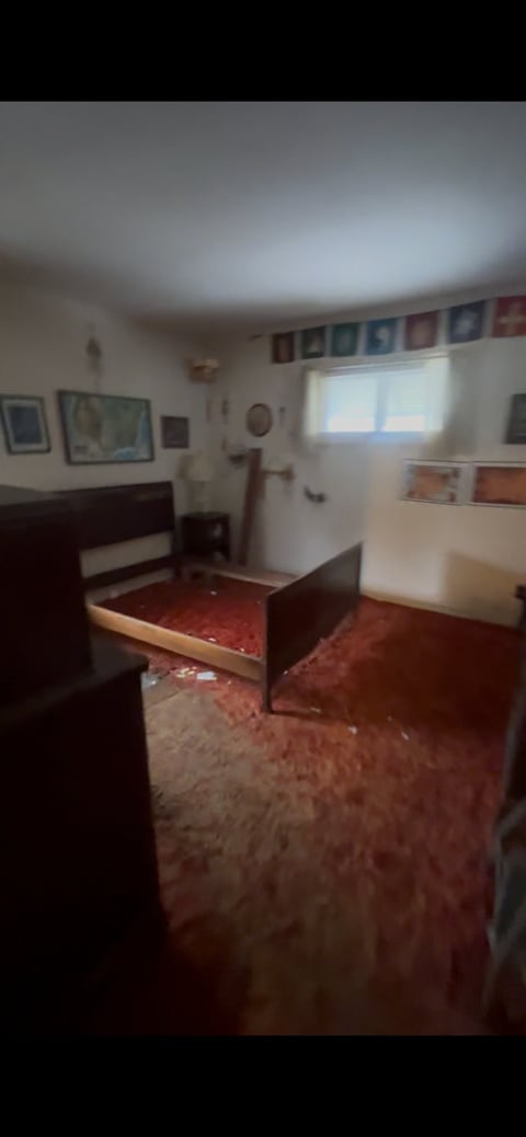 Sparsely furnished bedroom with wooden bed frame, red carpet, window with blinds, and pictures on white walls