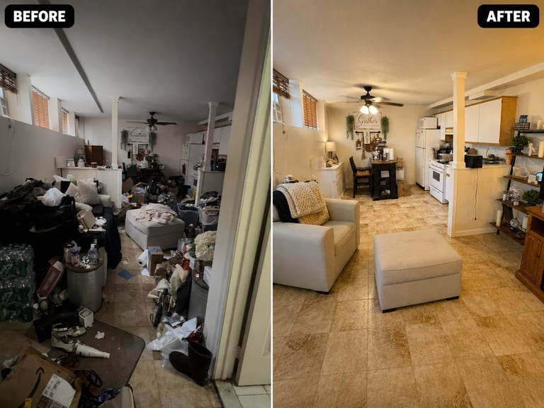 Before and after comparison of a cluttered living room transformed into an organized, clean space with new flooring and furniture arrangement