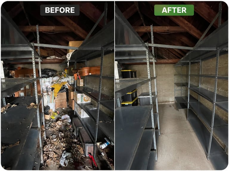 Before and after comparison of a cluttered garage being cleaned and organized with metal shelving units