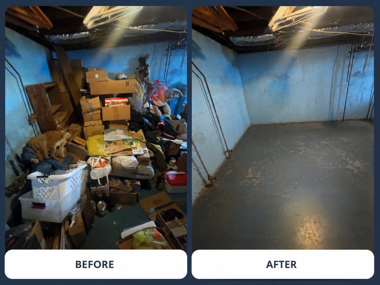 Before and after comparison of a cluttered storage space transformed into a clean, empty room