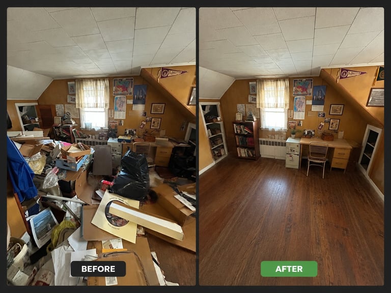 Before and after comparison of a cluttered attic room transformed into an organized, clean space with wooden floors