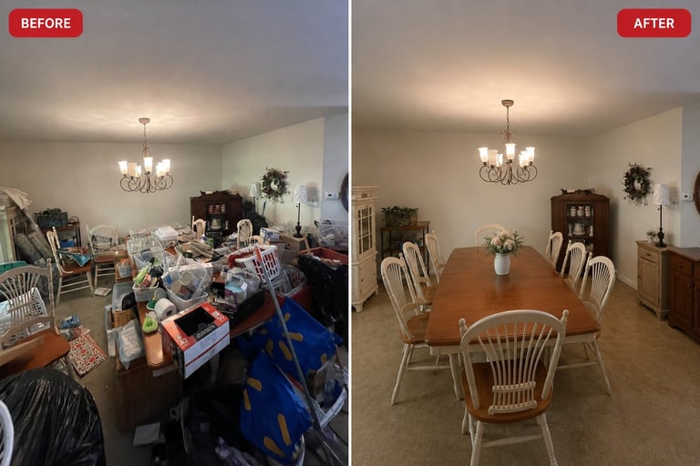 Before and after comparison of a cluttered dining room transformed into an organized, staged space with wooden table and chairs.