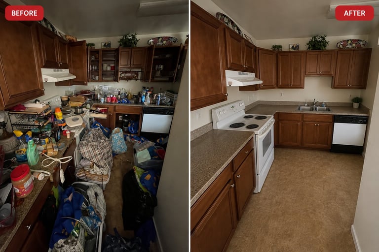 Before and after kitchen organization: cluttered space on left transforms into clean, organized kitchen on right