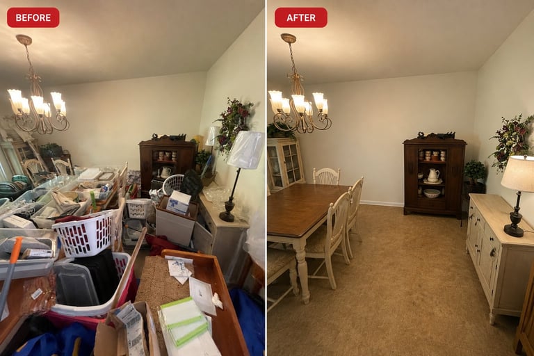 Before and after room organization showing cluttered space transformed into tidy dining room with organized furniture and storage