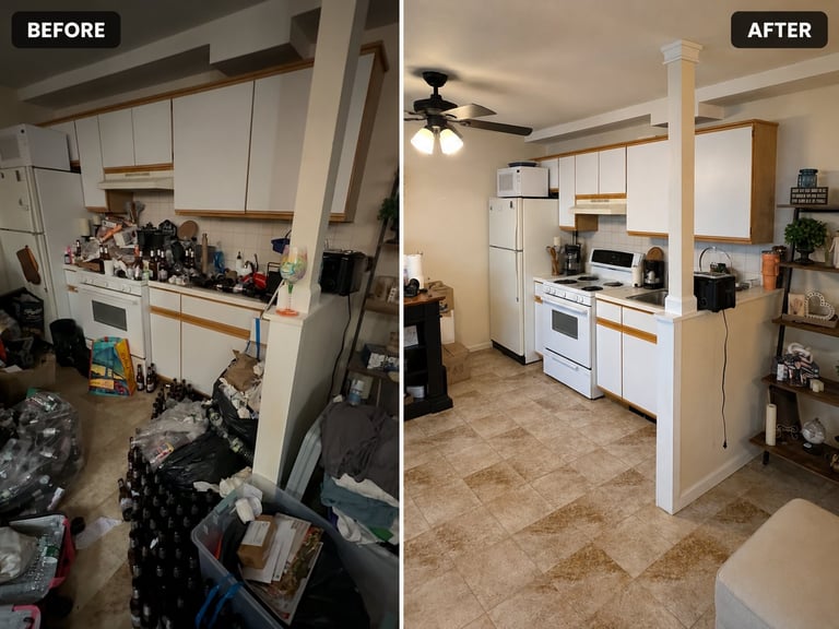 Before and after kitchen renovation showing cluttered space transforming to organized, clean kitchen with new appliances and flooring