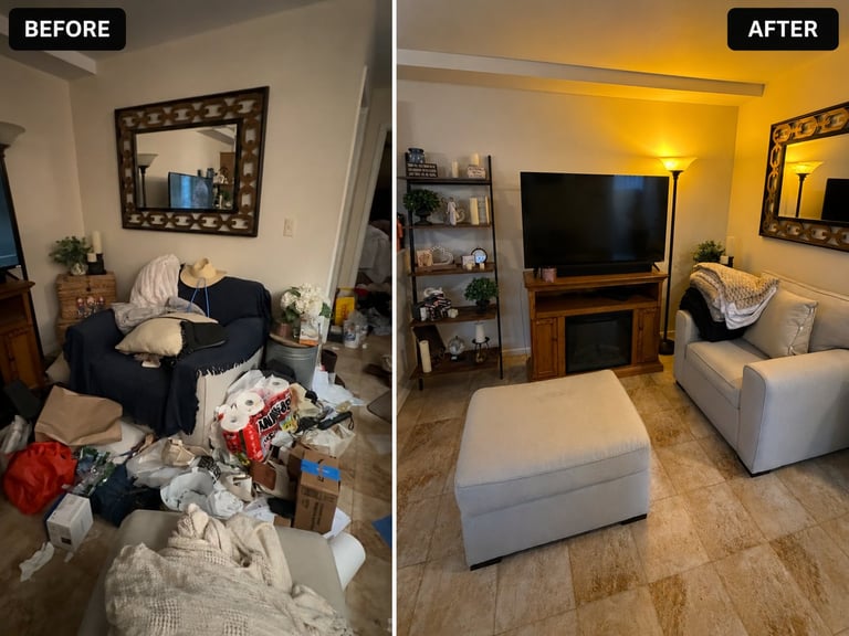 Before and after room transformation: cluttered messy bedroom on left, organized clean living room with furniture and TV on right
