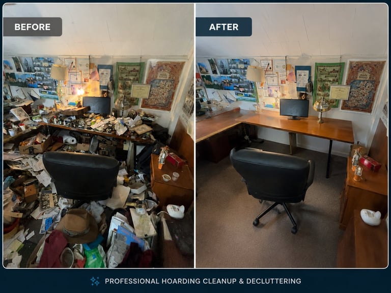 Before and after comparison of a cluttered room transformed into an organized workspace with desk and chair