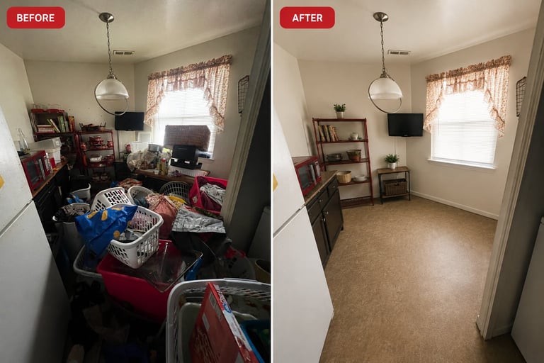 Before and after comparison of a bedroom transformation from cluttered and messy to organized and clean