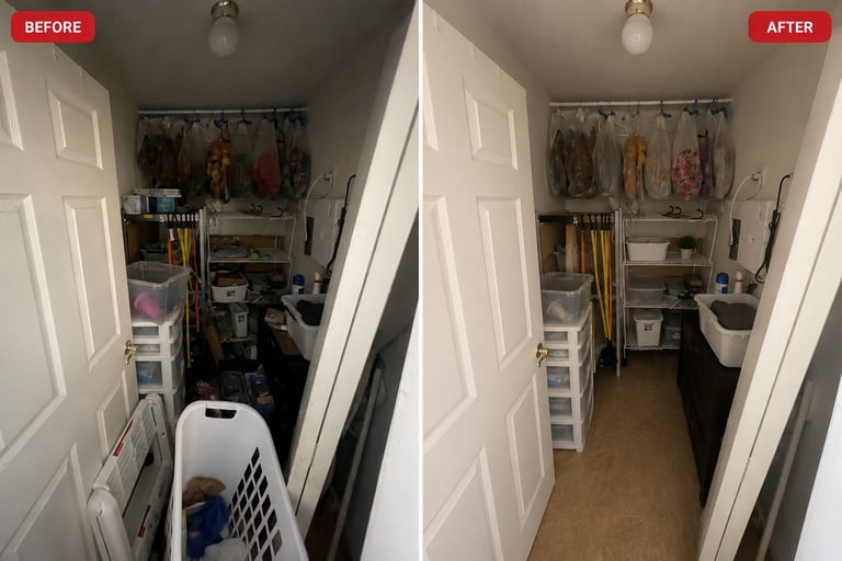 Before and after comparison of a closet organization project showing cluttered space transformed into organized shelving