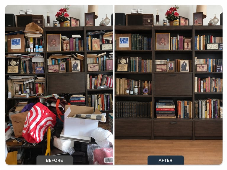 Before and after comparison of a home library bookshelf, showing cluttered space with items on floor transformed into organized shelving